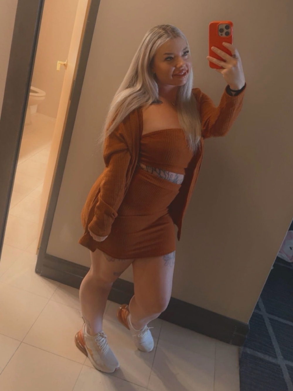 Rust Ribbed 3-Piece Set - Strapless Top, Mini Skirt & Cardigan - Picture 2 of 2